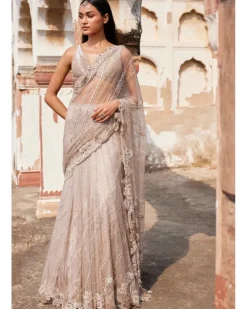 Hecate Dusty Ivory Shimmer Tulle Bridal Lehenga Sari