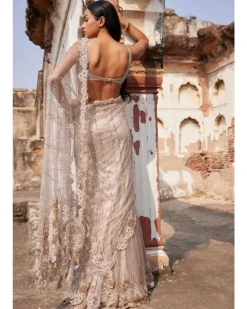 Hecate Dusty Ivory Shimmer Tulle Bridal Lehenga Sari