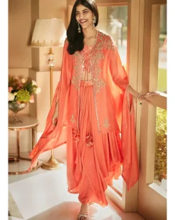 Hibiscus Coral Aurora Dhoti Cape Set