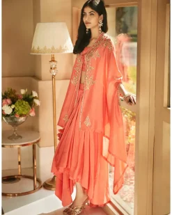 Hibiscus Coral Aurora Dhoti Cape Set
