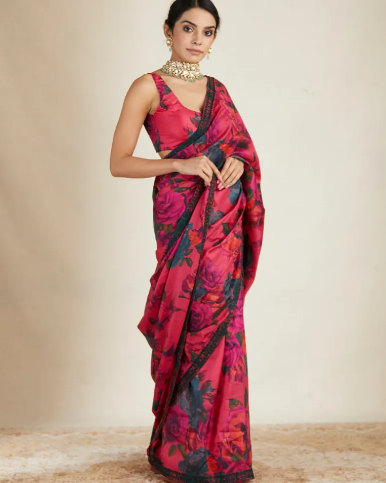 Hot Pink Floral Sari Set