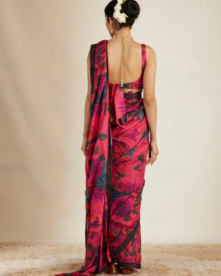 Hot Pink Floral Sari Set