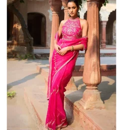 Hot Pink Organza Sari Set