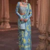 Ice Blue Floral Print & Highlighted Sari Set