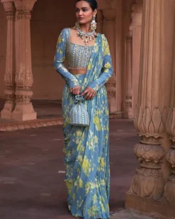 Ice Blue Floral Print & Highlighted Sari Set