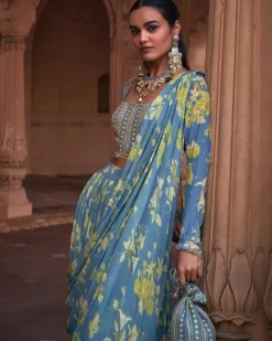 Ice Blue Floral Print & Highlighted Sari Set