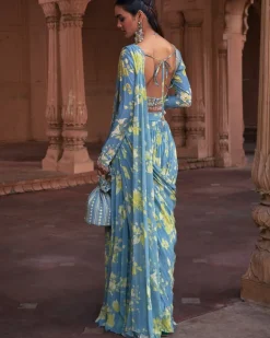 Ice Blue Floral Print & Highlighted Sari Set