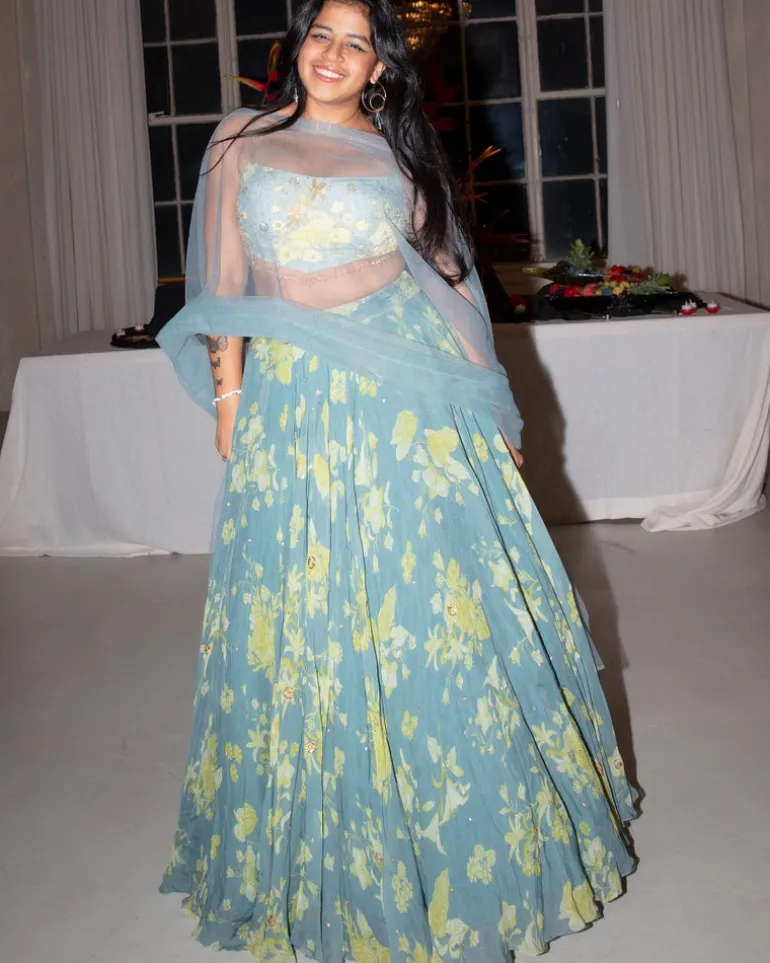 Ice Blue Floral Printed And Highlighted Lehenga Set