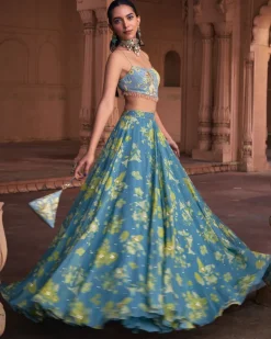 Ice Blue Floral Printed And Highlighted Lehenga Set
