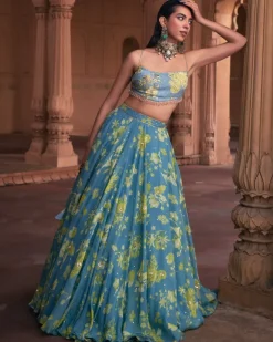 Ice Blue Floral Printed And Highlighted Lehenga Set