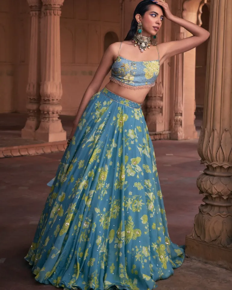 Ice Blue Floral Printed And Highlighted Lehenga Set