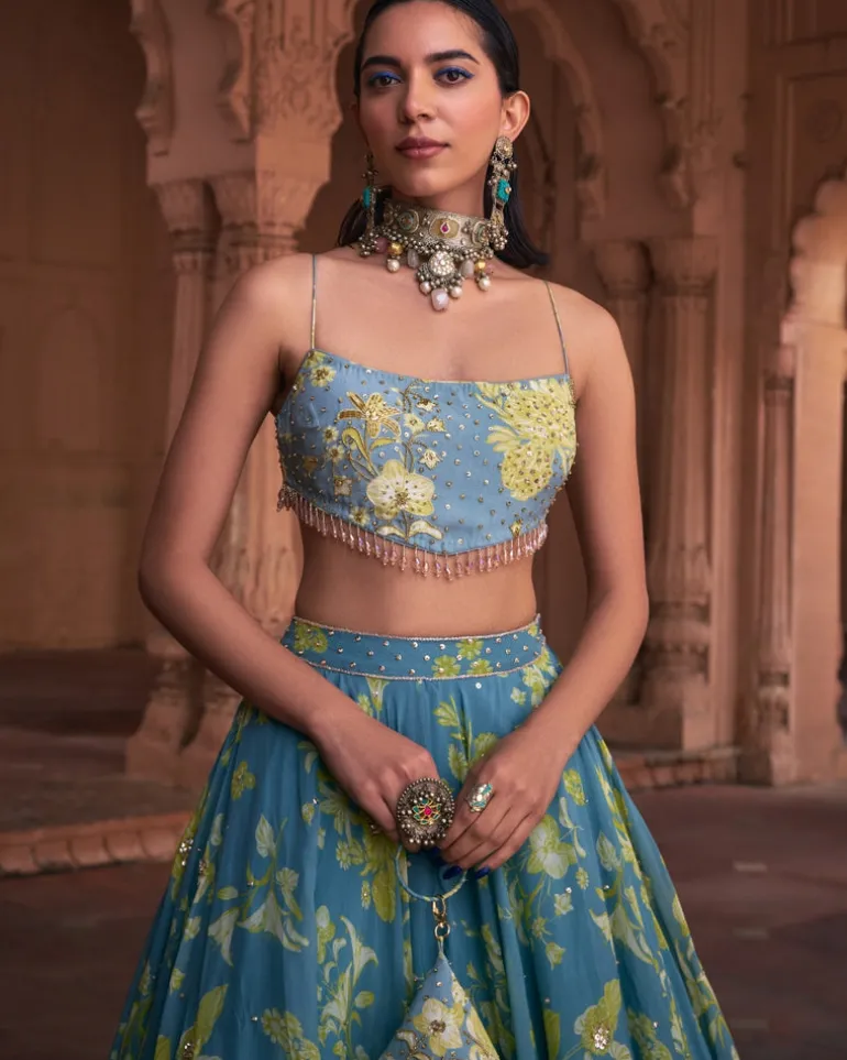 Ice Blue Floral Printed And Highlighted Lehenga Set