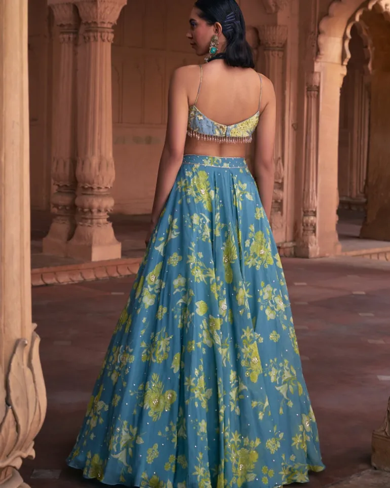 Ice Blue Floral Printed And Highlighted Lehenga Set
