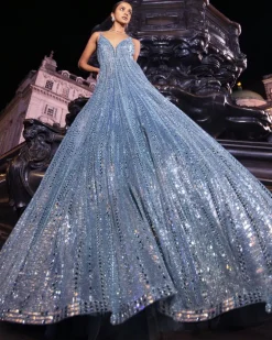Ice Blue Mirror Work Gown
