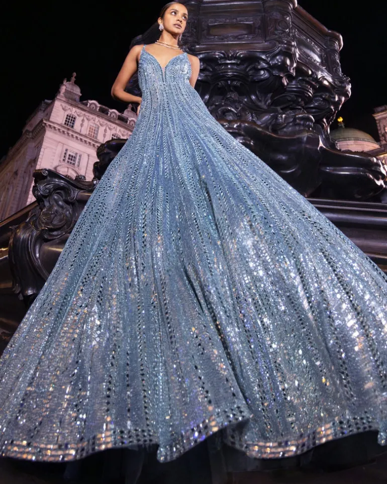 Ice Blue Mirror Work Gown