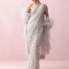 Ice Blue Sari With Organza Applique Embroidered Blouse And Ruffled Stole