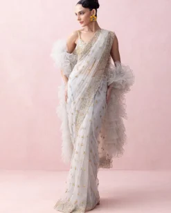 Ice Blue Sari With Organza Applique Embroidered Blouse And Ruffled Stole