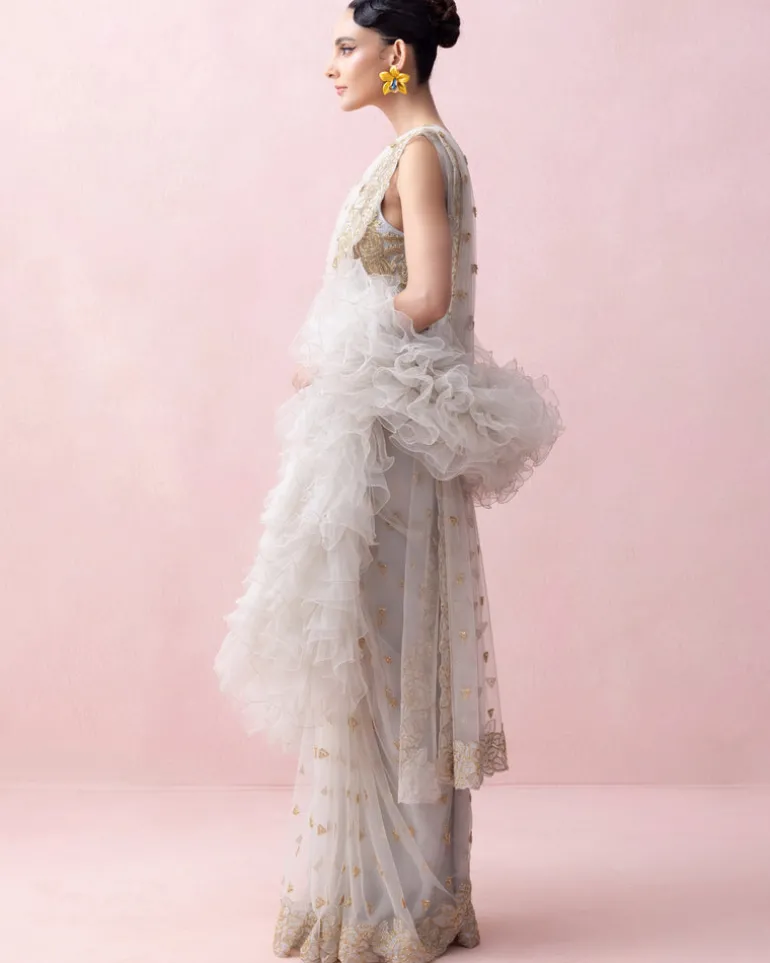 Ice Blue Sari With Organza Applique Embroidered Blouse And Ruffled Stole