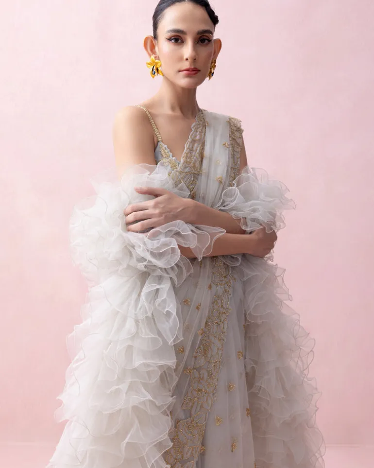 Ice Blue Sari With Organza Applique Embroidered Blouse And Ruffled Stole