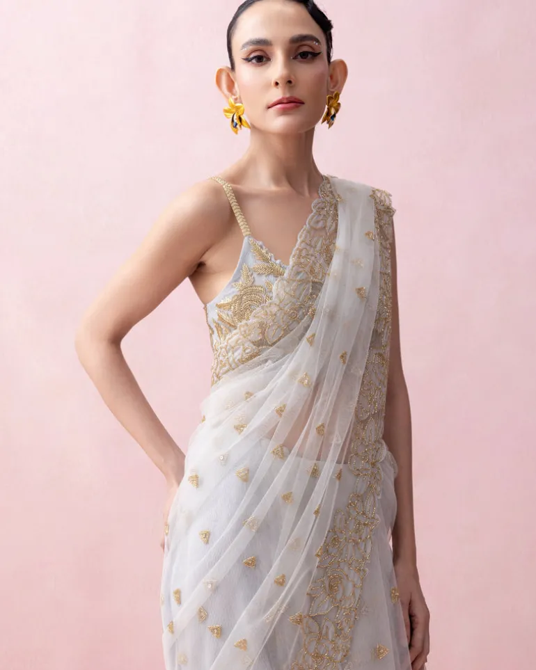 Ice Blue Sari With Organza Applique Embroidered Blouse And Ruffled Stole