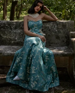 Ice Blue Self Woven Jacquard Jumpsuit
