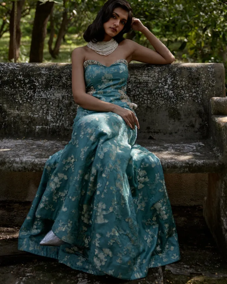 Ice Blue Self Woven Jacquard Jumpsuit