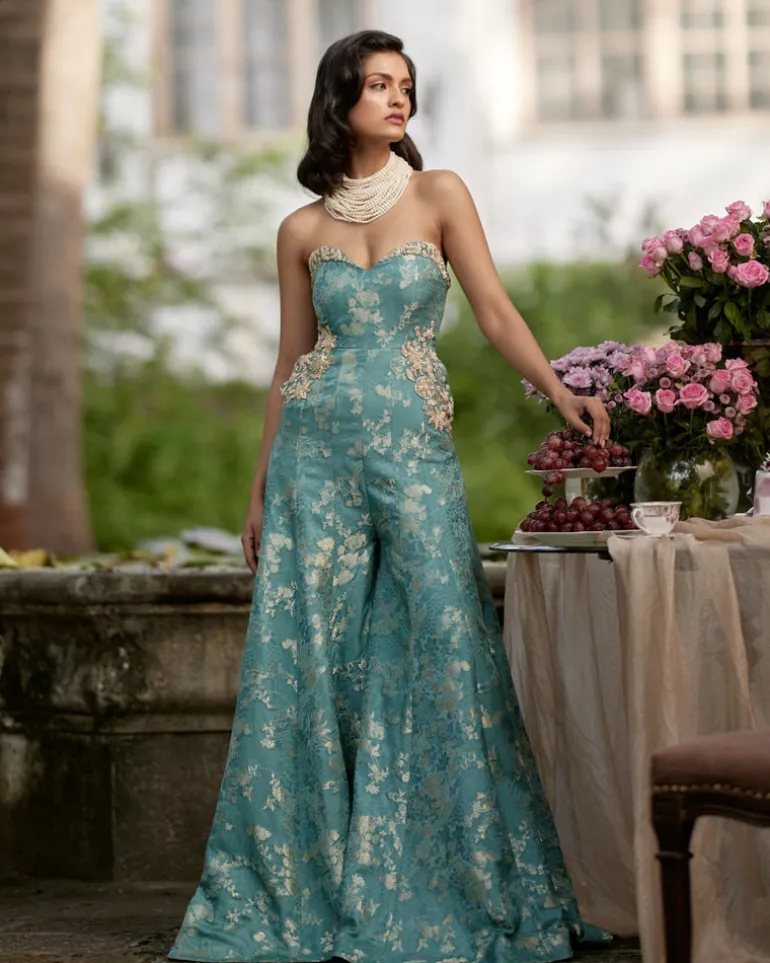 Ice Blue Self Woven Jacquard Jumpsuit