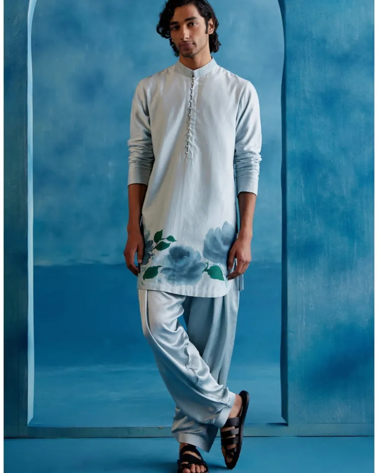 Ice Blue Silk Chanderi Hand-Painted Kurta Set