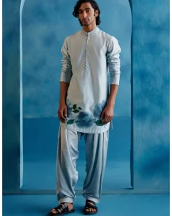 Ice Blue Silk Chanderi Hand-Painted Kurta Set