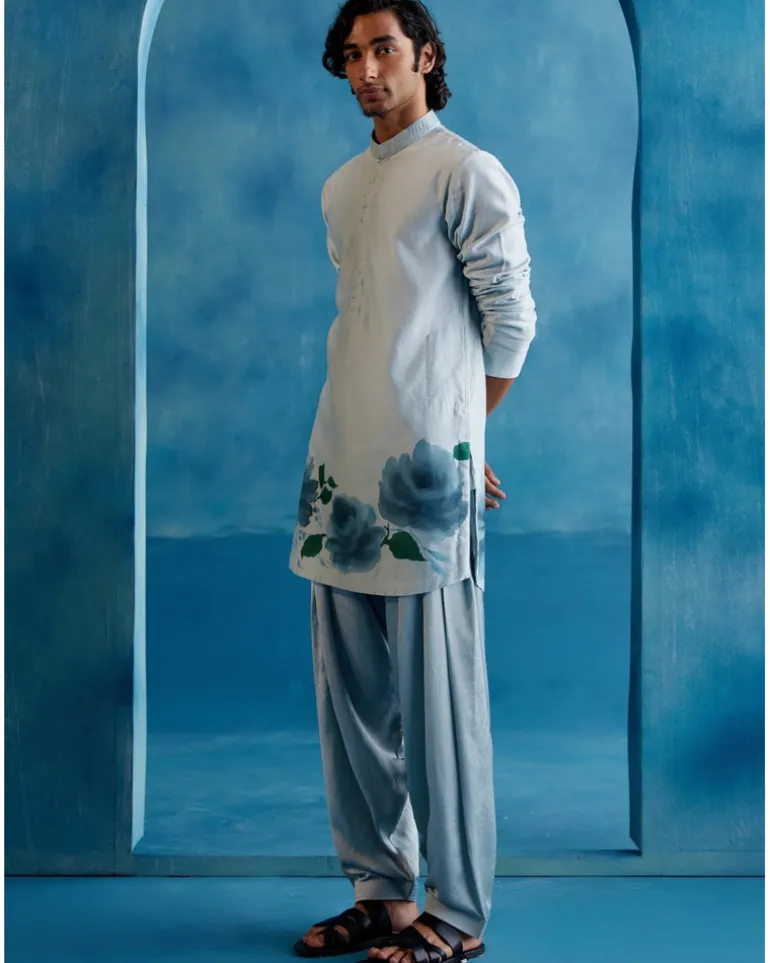 Ice Blue Silk Chanderi Hand-Painted Kurta Set