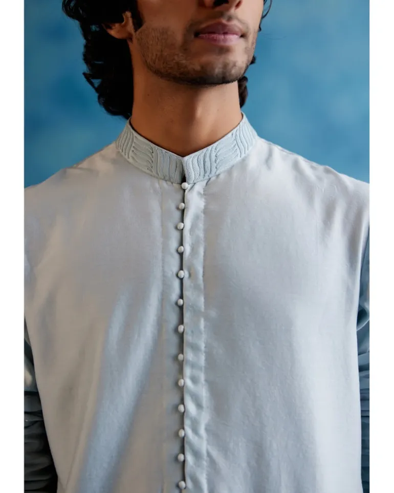Ice Blue Silk Chanderi Hand-Painted Kurta Set