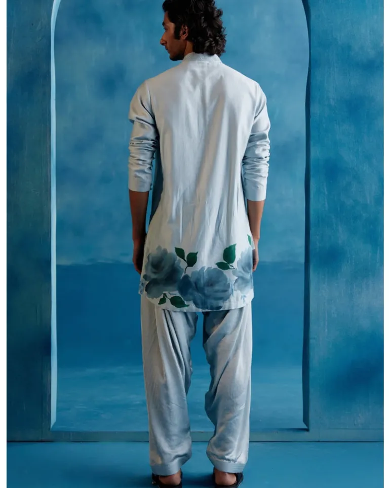 Ice Blue Silk Chanderi Hand-Painted Kurta Set