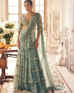 Ice Blue Vintage Floral Chiffon Sari Set