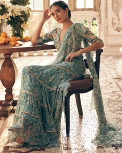 Ice Blue Vintage Floral Chiffon Sari Set