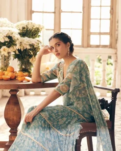Ice Blue Vintage Floral Chiffon Sari Set