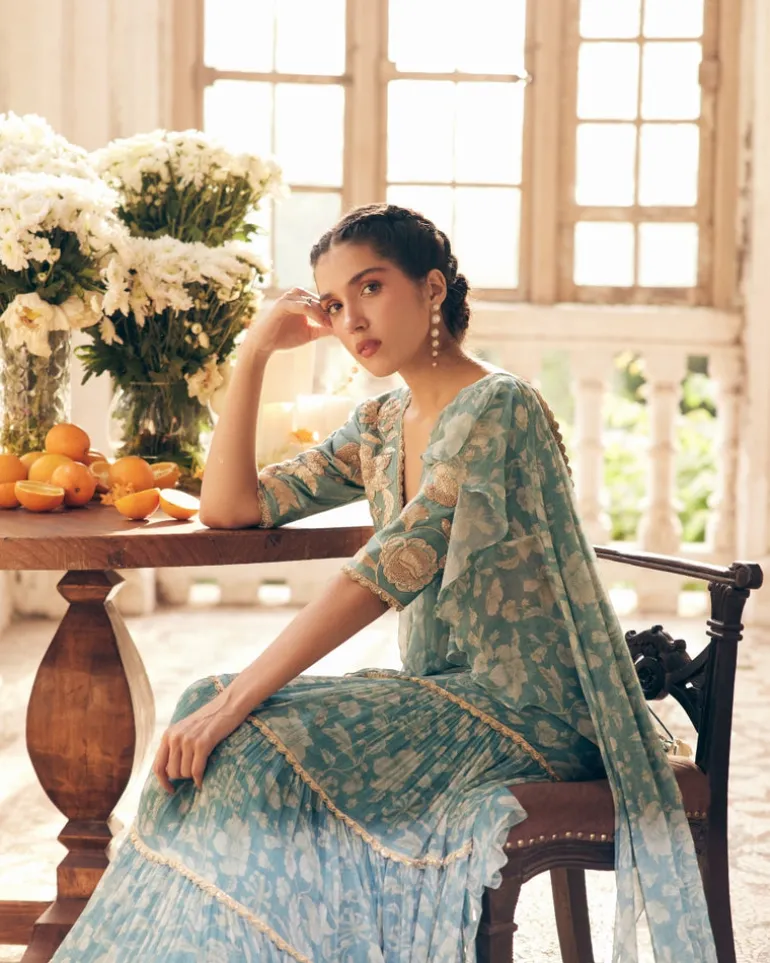 Ice Blue Vintage Floral Chiffon Sari Set