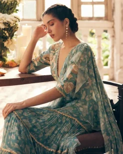 Ice Blue Vintage Floral Chiffon Sari Set