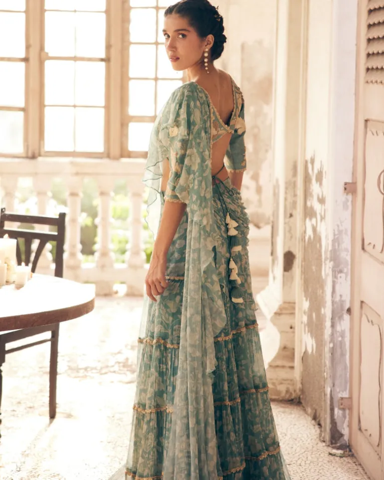 Ice Blue Vintage Floral Chiffon Sari Set