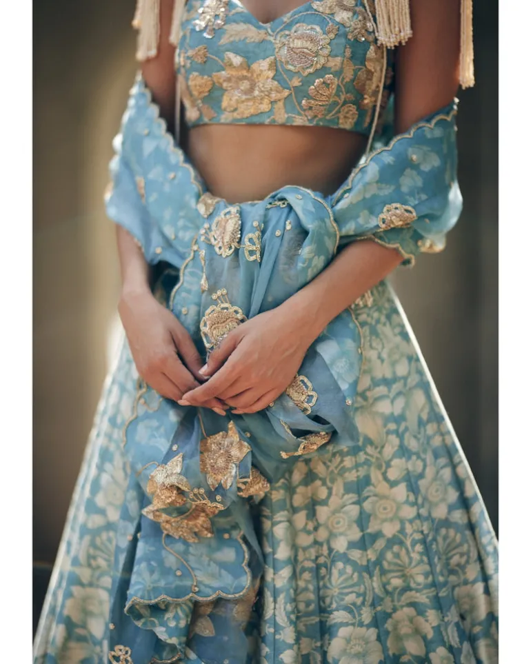 Ice Blue Vintage Floral Printed Lehenga Set