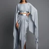 Ice Gray Metallic Top With Draped Skirt Set