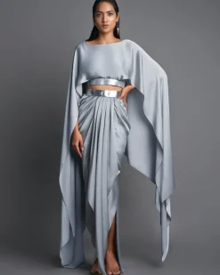 Ice Gray Metallic Top With Draped Skirt Set