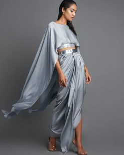 Ice Gray Metallic Top With Draped Skirt Set