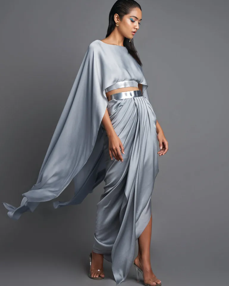Ice Gray Metallic Top With Draped Skirt Set