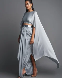 Ice Gray Metallic Top With Draped Skirt Set