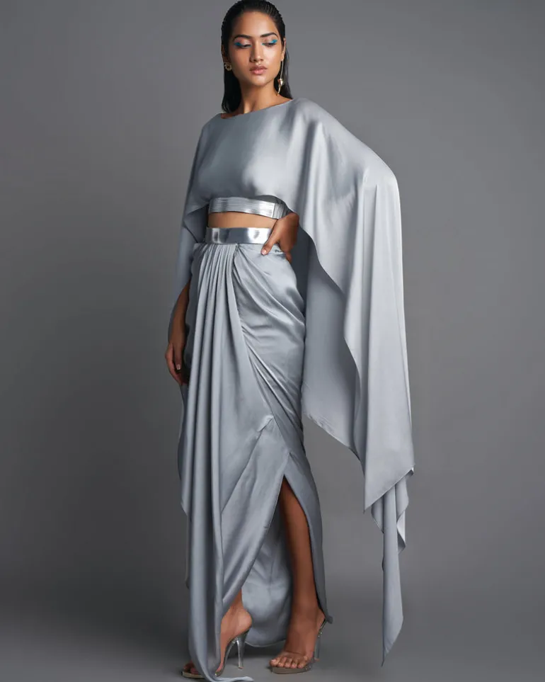 Ice Gray Metallic Top With Draped Skirt Set