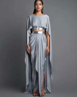 Ice Gray Metallic Top With Draped Skirt Set