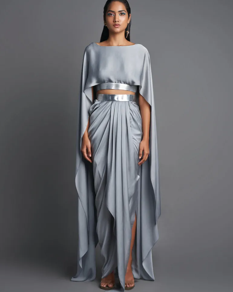 Ice Gray Metallic Top With Draped Skirt Set