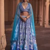 Indigo Blue Floral Frame Print and Embroidered Lehenga Set