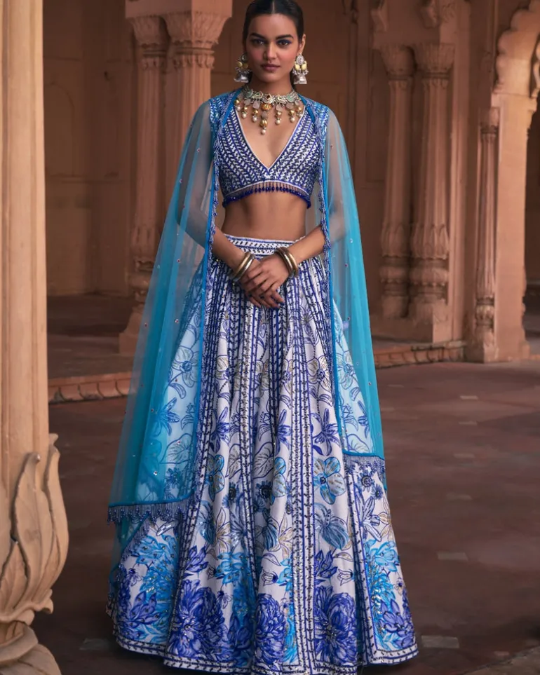 Indigo Blue Floral Frame Print and Embroidered Lehenga Set