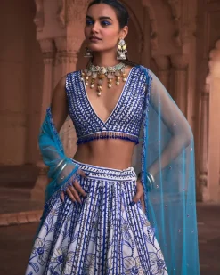 Indigo Blue Floral Frame Print and Embroidered Lehenga Set